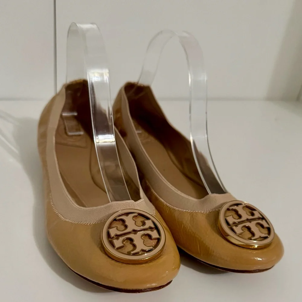 Tory Burch Caroline Ballerina Nude Beige Patent Leather Flats Size 10M